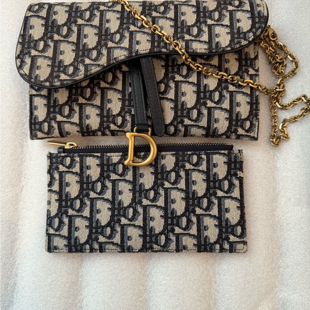 SOLD 🎉 Blue Christian Dior Oblique Jacquard Saddle Pouch with Chain WOC - Picture 4 of 14